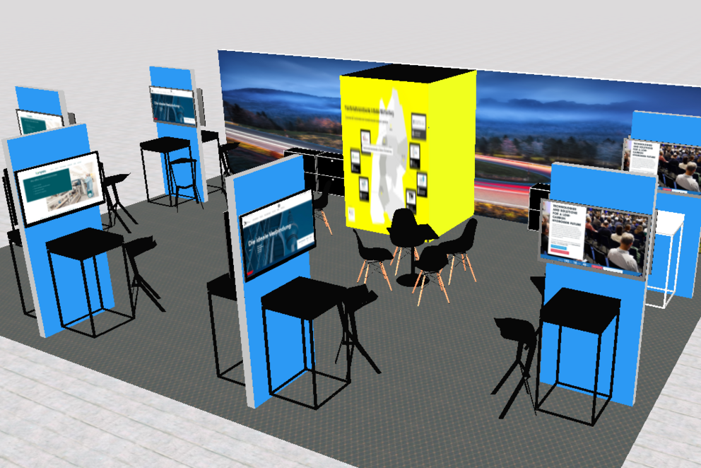 CAD-Zeichnung eines gemeinschaftlichen Messestands mit mehreren Stelen.