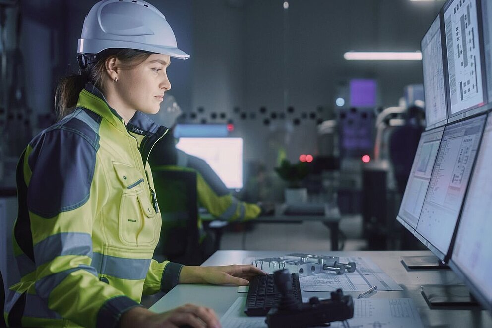 Industry 4.0 Modern Factory: Female Facility Operator Controls Workshop Production Line, Uses Computer with Screens Showing Complex UI of Machine Operation Processes, Controllers, Machinery Blueprints