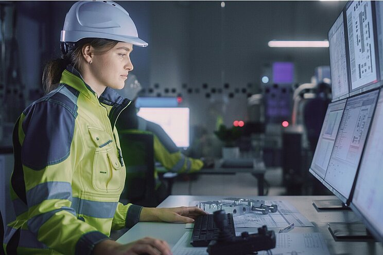 Seitliche Aufnahme einer jungen Frau mit Schutzhelm und Arbeitskleidung. Sie blickt konzentriert auf mehrere große Bildschirme mit technischen Daten.