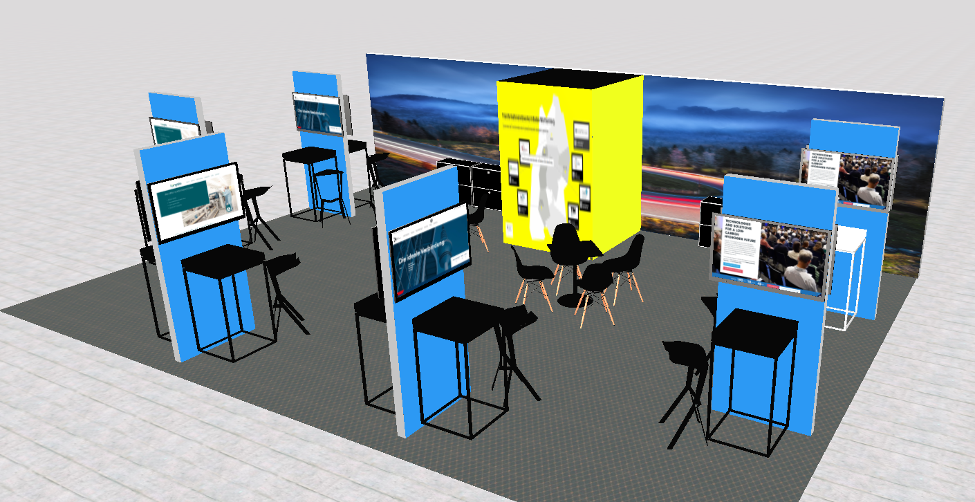 CAD-Zeichnung eines gemeinschaftlichen Messestands mit mehreren Stelen.
